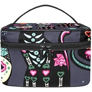 Suiker Schedel Kat Bloem Patroon Make-up Organizer Tas, Reizen Make-up Tas Organizer Case Draagbare Cosmetische Tas voor Vrouwen en Meisjes Toiletartikelen, Meerkleurig, 22.5x15x13.8cm/8.9x5.9x5.4in