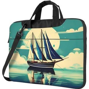 SSIMOO Drie zonnebloemen op houten stijlvolle en lichtgewicht laptop messenger bag, handtas, aktetas, perfect voor zakenreizen, Zeilboot Schip Landschap, 14 inch