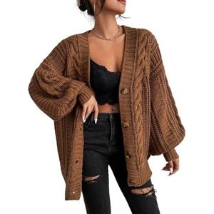 Dikke Vesten Voor Dames, Grote Maten, Kabelgebreid Lang Vest Open Voorkant Ballonmouwen Dames V-Hals Trui Jas Herfst Winter Warm Gebreide Jas Jumper Bovenkleding, Koffie, One Size Fit S, Xl