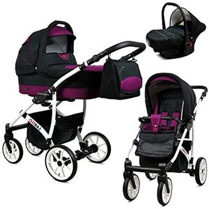 Lux4kids Kinderwagenset, eenvoudige bediening, inklapbaar, lekvrij, GoLux White by Lux4kids Black Purple 07 3-in-1 met babyzitje