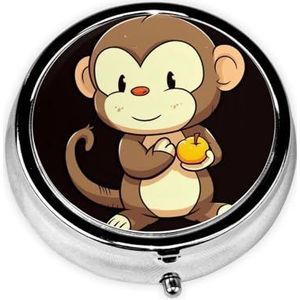 Pillendoosje met spiegel, retro pillendoos met 3 compartimenten, cartoonaap met fruit, kleine pillenorganizer voor portemonnee of zak, decoratieve metalen medicijn-vitamineorganizer, unieke geschenken