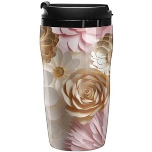 FHECVBN Koffie Cup Dubbelwandige Reizen Mok Roze Wit Goud Bloemen Geïsoleerde Koffie Mokken Met Deksel Tumbler Cup Grappige Koffiekopjes Houden Dranken Koud En Warm 250ml