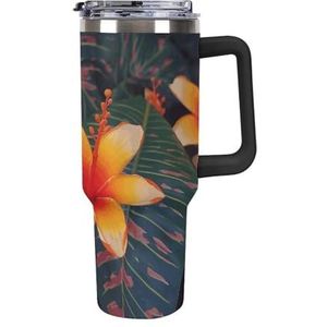 FHESDCW Hawaii Tropische bloem grote capaciteit autobeker 40 oz roestvrijstalen beker met handvat geïsoleerde waterfles met rietje en deksel bedrukte mokken past in bekerhouder