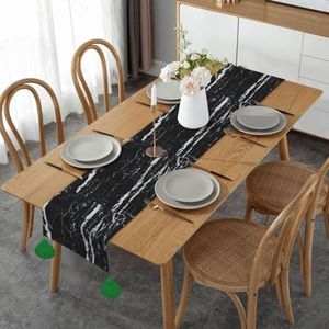 Tafelloper, imitatie linnen tafelloper met kwastjes tafeldecoratie voor thuisfeest, zwart-wit marmer