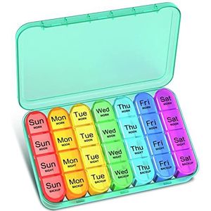 Betife Weekly Pillendoosje 4 keer per dag, 7 dagen tablet-organizer, dagelijkse pillendispenser 7 dagen 4 vakken, tabletdoos voor medicijnen, vitamines en supplementen (cyaan)