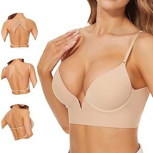 Low Back Bras for Women, Seamless Low Cut Underwire Lightly Lined Halter Bralette, Convertible Multiway Invisible Deep Plunge Backless Bras (M/70C/75AB,Skin)
