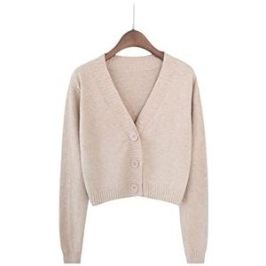 SERUMY Cardigan Knitted Cropped Cardigan Women Short Sweater Long Sleeve Crop Top V Neck Fashion Clothes-Beige,S