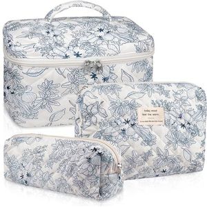 3 stuks make-up tas set gewatteerde make-up tassen, bloemen cosmetische tas voor vrouwen, schattige katoenen make-up tas, bloem reizen toilettas organisator tas (marineblauw), marineblauw, schattig