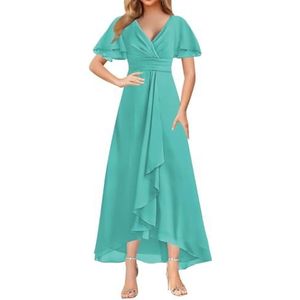 WSEYU Korte Mouw Moeder Van De Bruid Bruidegom Jurken Chiffon Kralen Formele Avond Grootmoeder Jurken Thee Lengte ZM203, Turkoois, 52 grote maten