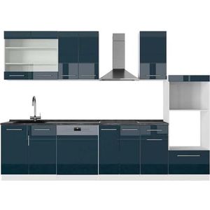 Vicco Complete keukeneenheid ""Fame-Line"", Donkerblauw hoogglans/wit, 300 cm met hoge kast, WB Antraciet