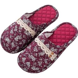 LHSJYG Vrouwen Slippers Thuis Slippers Voor Vrouwen Katoen Stof Familie Hotel Schoenen Bloemen Bloem Vrouwelijke Slides Mannelijke Indoor Slaapkamer Vloer Platte Slipper, Wijn Rode Bloem, 40-41