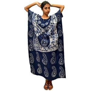 Odishabazaar Womens katoenen kaftan nachtelijke blauwe witte batik kaftan maxi jurk, Blauw, wit, One Size