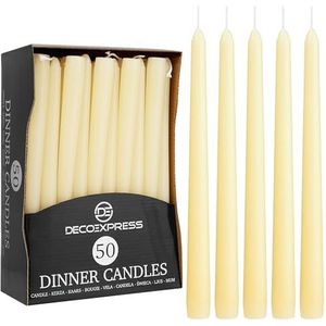 DECO EXPRESS Dinerkaarsen, pakket van 10, 15 of 50 conische kaarsen, witgoudkleurige conische kaarsen, druppelvrije, langdurige kaarsen, 8 uur branden, niet geparfumeerd (ivoor - 50 stuks)