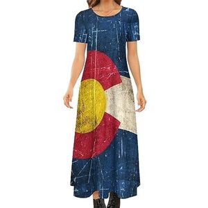 Vintage verouderd en gekrast Colorado vlag vrouwen zomer casual korte mouw maxi-jurk ronde hals bedrukte lange jurken XS