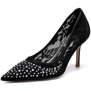 EICOFF Dames Puntige Teen Kant Bloem Bruiloft Bruids Schoenen Vrouwen Hoge Hak Stiletto Pumps Strass Slip-op Jurk Avond Feestschoenen,zwart,35 EU