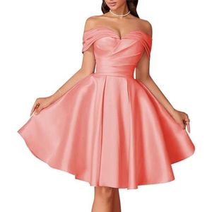 HPPEE Dames off-shoulder satijnen thuiskomst jurken geplooide A-lijn baljurk knielengte cocktailjurk feestjurk, Koraal, 32