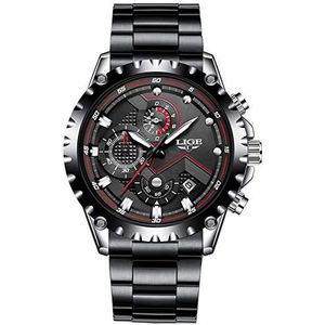 LIGE Herenhorloge, sport, chronograaf, kalender, analoog, kwarts, horloge, militair, waterdicht, modieus, elegant, polshorloge voor mannen, met roestvrijstalen armband, B-zilver zwart, armband