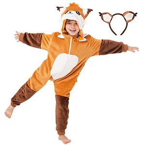 corimori - Faye de vos kinderen jongens meisjes onesie jumpsuit pak kostuum verkleden (maat 130-150cm) oranje-bruin