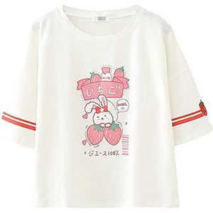 Leuke T-shirts Meisjes Tiener Kawaii Bunny Aardbei Cartoon Print T-Shirt Vrouwen Zomer Tee Tops, Wit, one size