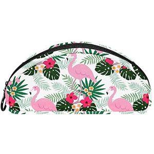 Etui Halve cirkel Briefpapier Pen Bag Pouch Holder Case Donkerroze Flamingo met Groot Leave Patroon, Multi kleuren, 19.5x4x8.8cm/7.7x1.6x3.5in, Make-up zakje