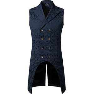 Victoriaanse steampunk gothic double-breasted vest voor heren, brokaat jacquard tailcoat vest, marineblauw, S