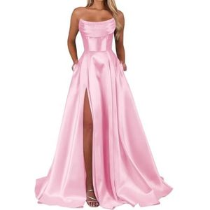 Satijnen bruidsmeisjesjurken voor dames, voor bruiloft, ruches, avondjurken, cocktailjurken, grote maten, roze, 32