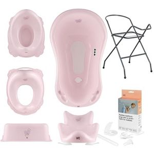 Hylat Baby Set 7: Babybadje met standaard, babybad inzet, afvoerslang, kinder toiletzitting, potje voor kinderen, opstapje - stabiel en comfortabel - Kleur: Roze, Motief: Hug Me