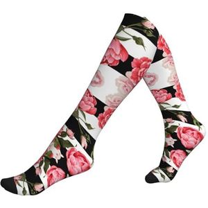 ASFgda Compressie Zwart Wit Gestreepte Bloemen Print Sokken Voor Vrouwen & Mannen, 15-20mmhg (1 paar) Beste Ondersteuning Voor Hardlopen, Fietsen Werk En Fitness