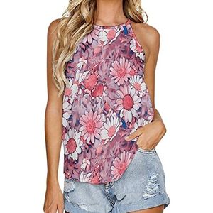 Roze madeliefje bloemen dames tanktop zomer mouwloze T-shirts halter casual vest blouse print T-shirt L