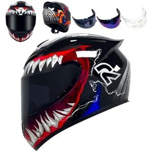 Volledige racemotorcrosshelm met helder en getint vizier, DOT-typegoedgekeurde fietshelm (XXL)(Poisonous Teeth,Large)
