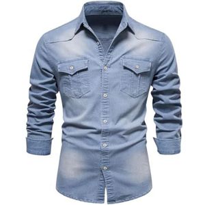 Mannen Katoen Denim Shirt Mannen Lange Mouw Cowboy Shirts Mannen Casual Slim Fit Shirt Heren Kleding, Lichtblauw, XL