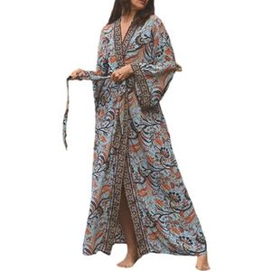 Dames Losse Open Voorkant Lange Strandkleding Cover Up, Kimono Loungewear Lange Nachtjapon(Dark blue_One size)