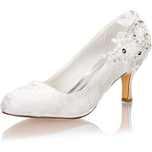 Emily Bridal Bruidsschoenen kant ronde teen kralen bloem slip on schoenen