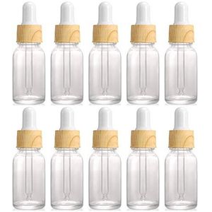 Alledomain 10 stuks, 10 ml heldere glazen flessen met druppelaarpipetten, mini lege druppelflesjes houtnerf plastic dop hervulbare monstercontainer voor etherische olie/Aromatherapie