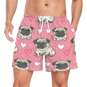 Niigeu Valentine Heart Pug Dogs Zwembroek voor heren, sneldrogend, met zakken, Leuke mode, XXL