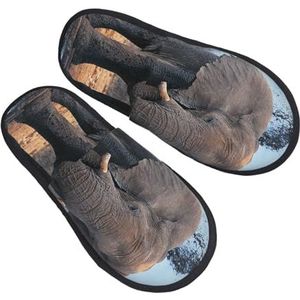 BONDIJ Olifant Dierenprint Slippers Zachte Pluche Huispantoffels Warme Slip-on Slides Gezellige Indoor Outdoor Slippers voor Vrouwen, Zwart, one size