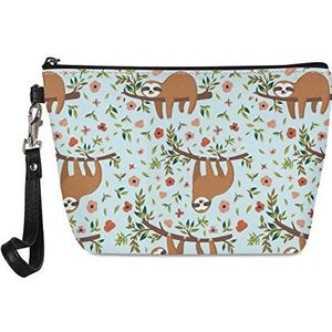 spArt Leuke Luiaard Bloem Print Draagbare Polsbandje Make-up Tas Lederen Waterdichte Handige Cosmetische Pouch voor Meisje Vrouwen