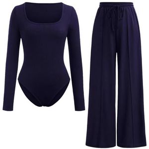 FAIRY BOUTIQUE Geribbelde bodysuit met lange mouwen en elastische broek met wijde pijpen, 2-delige set damesbodysuit met vierkante hals, set stretch turnpakje top Palazzo, marineblauw, 34-36