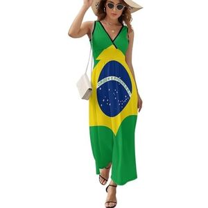 Maxi-jurk met Braziliaanse vlag voor dames, mouwloos, lange zomerjurken, strandjurken, A-lijn, XL