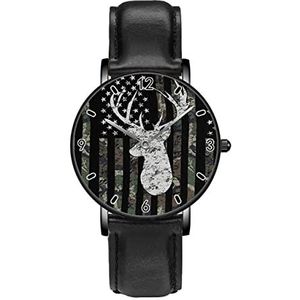 Herten Camo Camouflage Amerikaanse Vlag Jacht Klassieke Patroon Horloges Persoonlijkheid Business Casual Horloges Mannen Vrouwen Quartz Analoge Horloges, Zwart