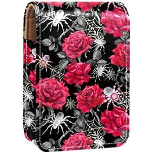 Rode roos bloem patroon spin net grijs lipgloss houder lippenstift case draagbare make-up tas reizen lippenstift organizer case met spiegel mini lippenstift opbergdoos voor vrouwen