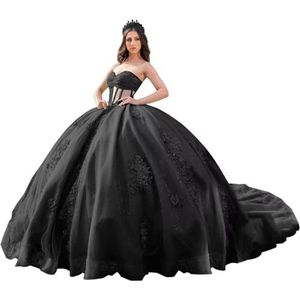 Fuomomo Quinceanera Prinsessenjurk met ruches en staart Quinceanera jurk van tule met parels schattige jurk 16 MT052, Zwart, 42