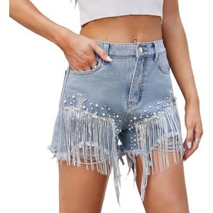 Dames Mid Waisted Denim Shorts Gescheurde Kwast Diamond Chain Parels Casual Raw Zoom Trendy Jeans Shorts,Blauw,L