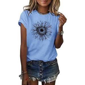 Zonnebloemen overhemden voor dames grafische T-shirts korte mouwen zomer vrije tijd tops T-shirts van katoen met zonnebloem print korte mouwen ronde hals casual klassiek basic T-shirt, blauw 1, M