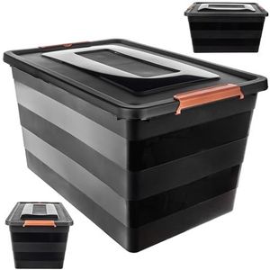 KADAX Opbergdoos met deksel, speelgoedkist, robuuste plastic container van kunststof, opbergbox met kliksluiting, opbergdoos (zwart, 55 l)