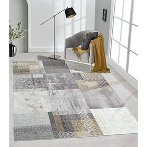 the carpet Elira tapijt plat weefsel, robuust, modern design, vintage look, used look, supervlak, katoenen rug, wasbaar, patchwork, grijs, ca. 140 x 200 cm