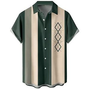 Heren Gestreepte Fashion Shirts Button Down Short Sleeve Vintage Hawaiian Bowling Shirt Casual Camp Beach Tops, 05 patronen groen abrikoos geometrisch, L