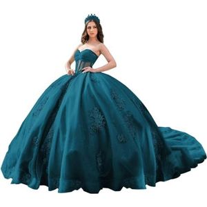Fuomomo Quinceanera Prinsessenjurk met ruches en staart Quinceanera jurk van tule met parels schattige jurk 16 MT052, Blauwgroen, 38