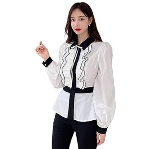 dames topjes Overhemd met contrasterende knopen aan de voorkant - Elegant overhemd met lange mouwen en kraag met kleurvlakken (Color : Wei�, Size : Small)