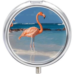 Ronde pillendoos met strand-flamingo, reis-pillendoos, 23 vakken, medicijnen, metaal, tablettenhouder, vitamine-houder voor portemonnee, tas